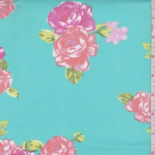 4 1/2 YD PC-Turquoise/Coral Floral Double Brushed Jersey Knit Fabric