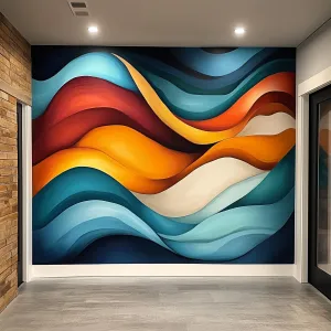 Abstract Waves Wallpaper Sticker | Large Peel and Stick Wall Mural | Colorful Vinyl Decal Art for Living Room, Office, or Lobby Decor