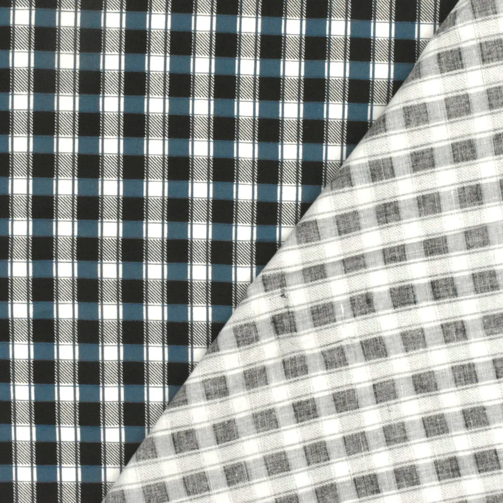 Blue-Black-Ivory Plaid Print Stretch Cotton Broadcloth Woven Fabric