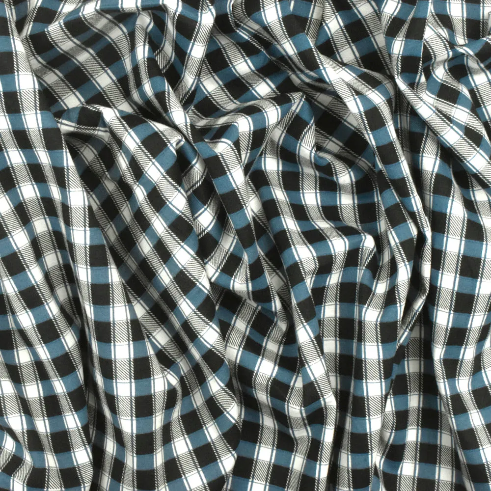 Blue-Black-Ivory Plaid Print Stretch Cotton Broadcloth Woven Fabric