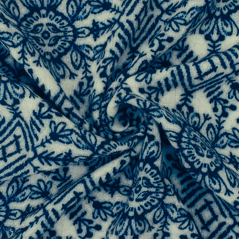 Blue-Gray Famous Designer Viscose Stamped Batik Printed Crepe Faille Fabric