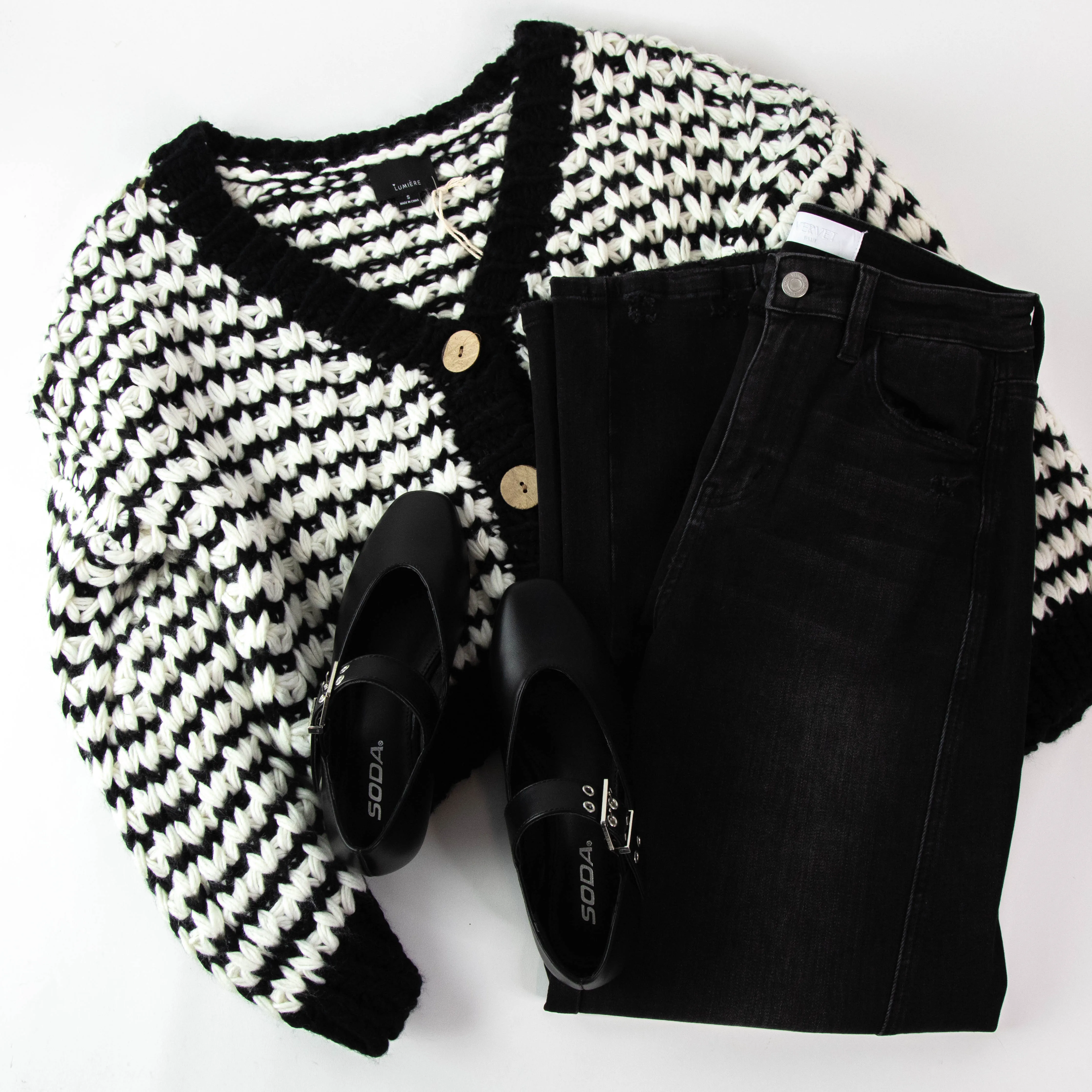 Brea Striped Cardigan, Black/White