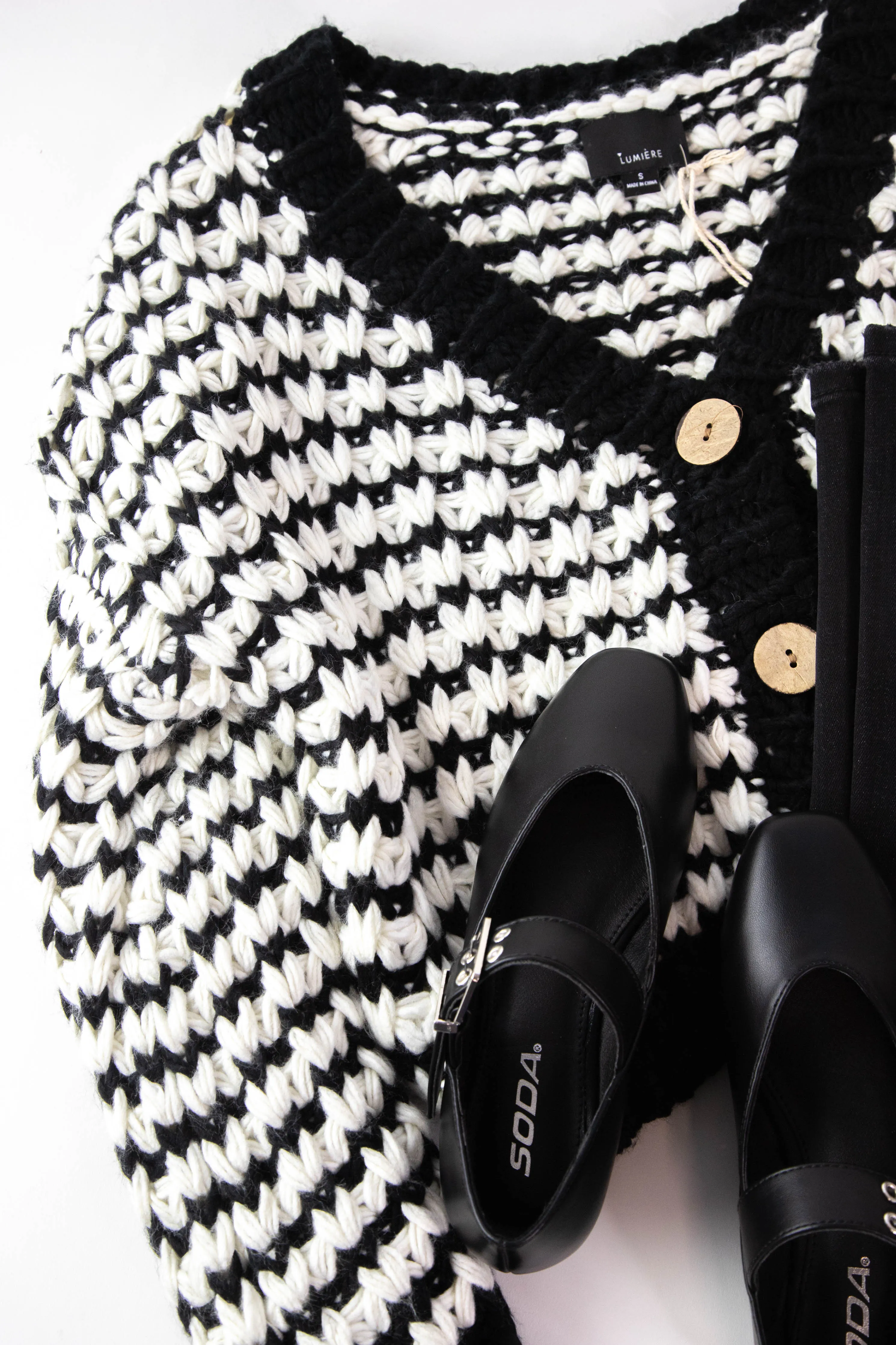 Brea Striped Cardigan, Black/White