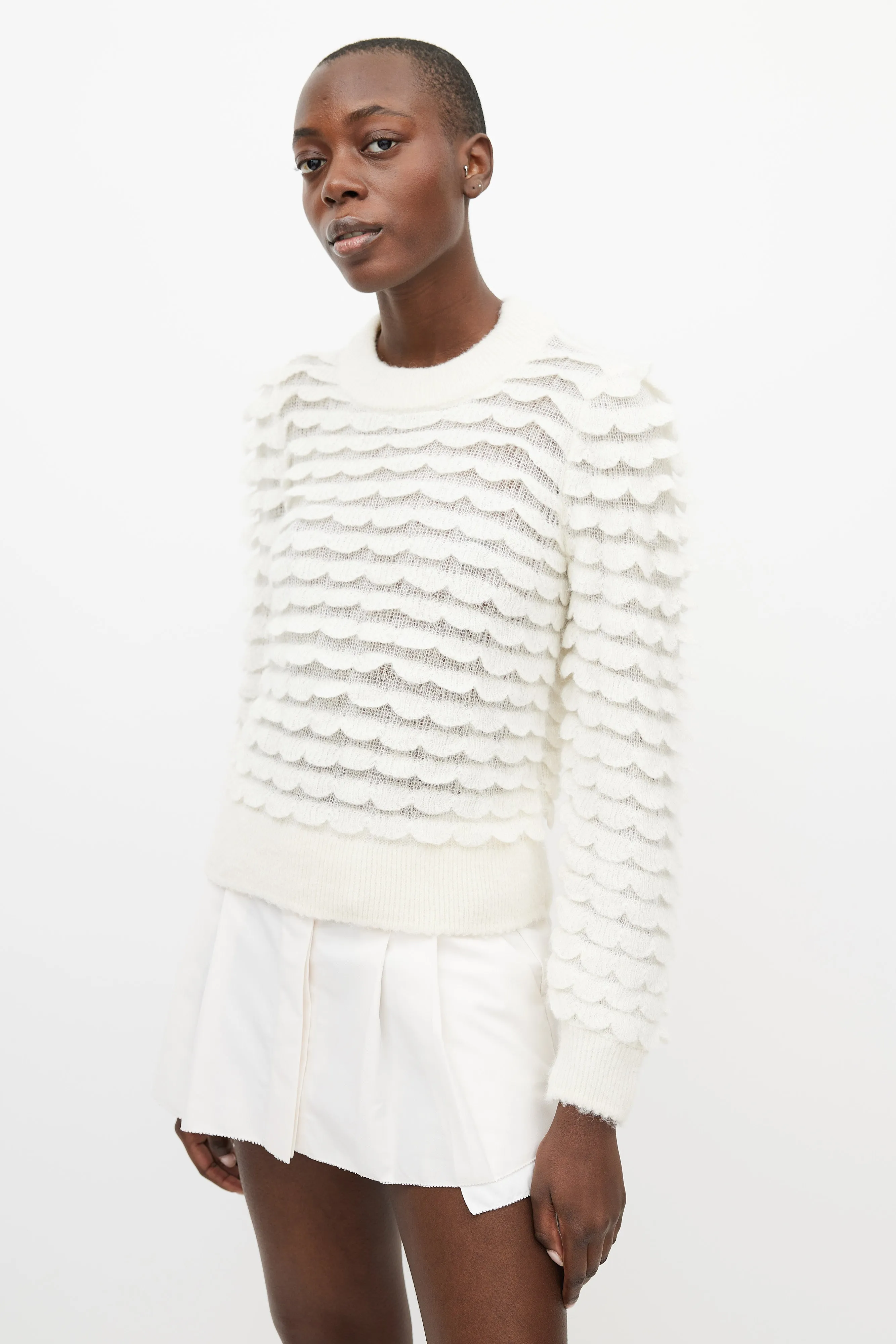 Cream Wool Scalloped Knit Sweater