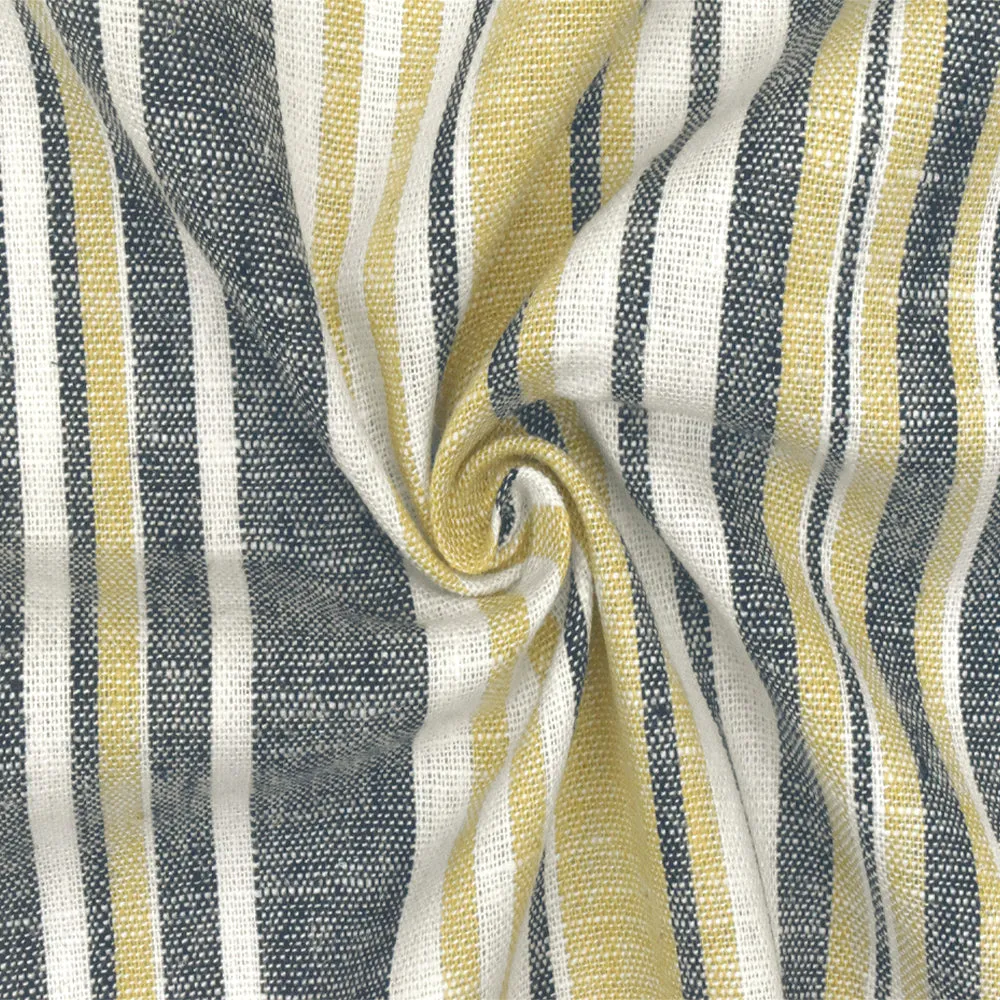 Dijon Yellow-Blue-White Striped Linen Cotton Shirting Woven Fabric