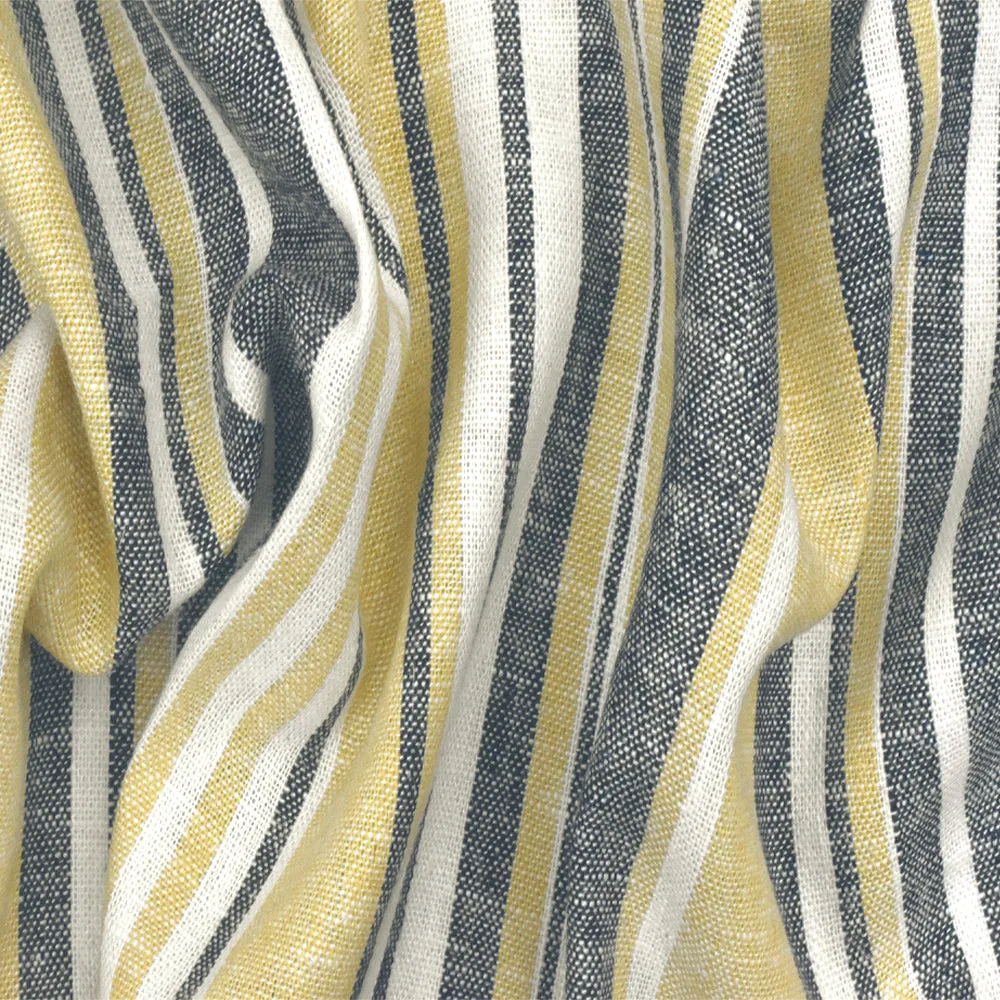 Dijon Yellow-Blue-White Striped Linen Cotton Shirting Woven Fabric