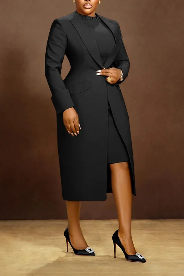 Elegant Solid Longline Blazer & Dress Set