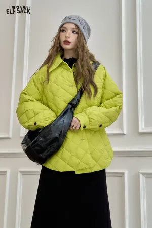 ELFSACK 2024 Winter New Arrivals Black diamond grid shirt style down jacket for women