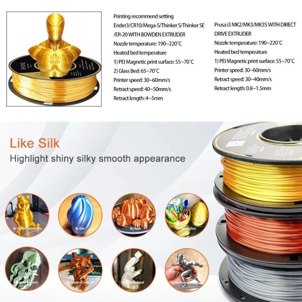 ERYONE Silk PLA Filament 1KG Silk 2.2LBS 1.75mm 3D Printer Filament for FDM Printers Glossy Rich Colours