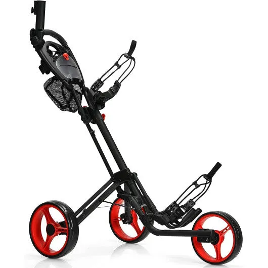 Folding 3 Wheels Golf Push Cart with Brake Scoreboard Adjustable Handle-Red