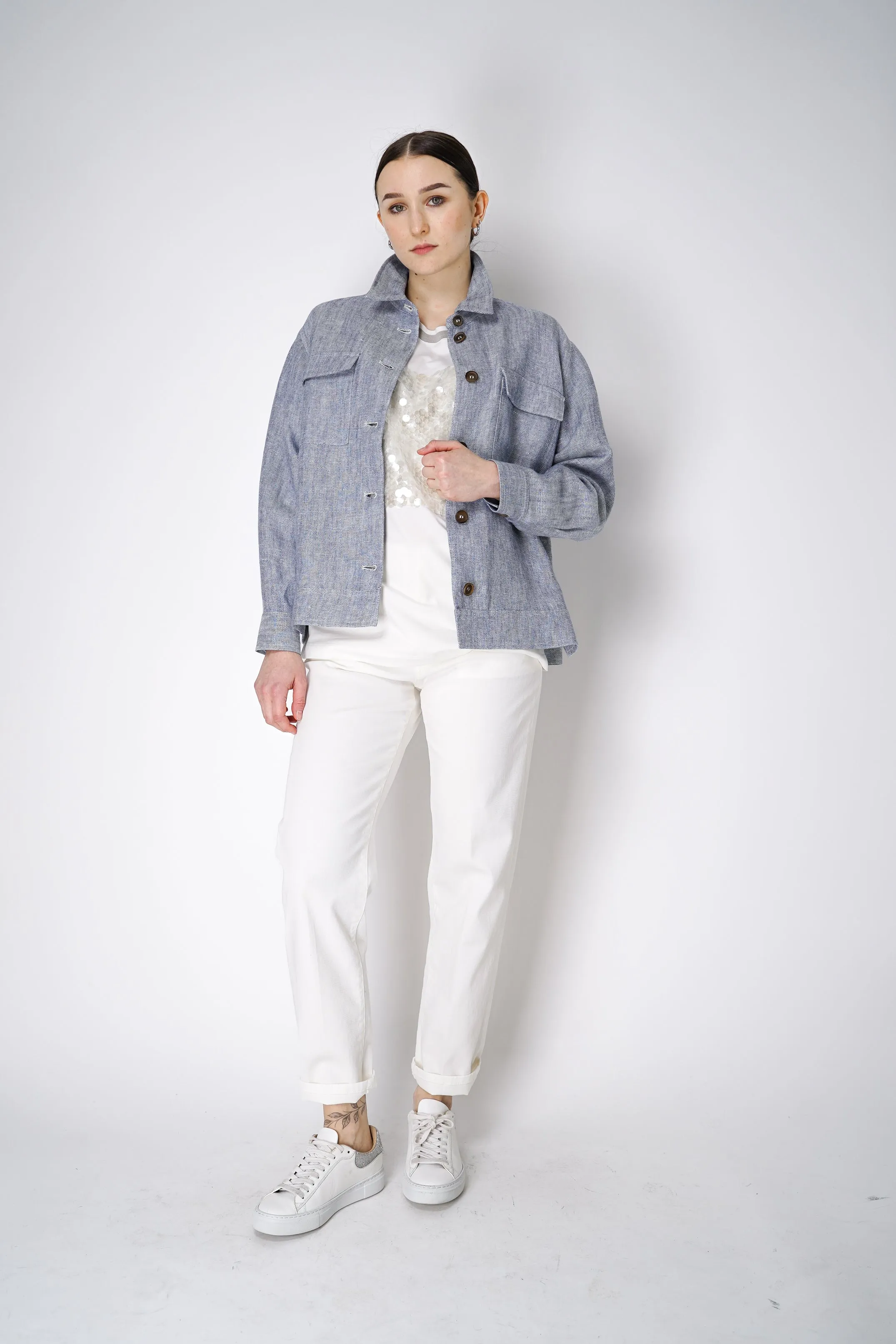 Lorena Antoniazzi Textured Linen Shirt Jacket in Blue Melange