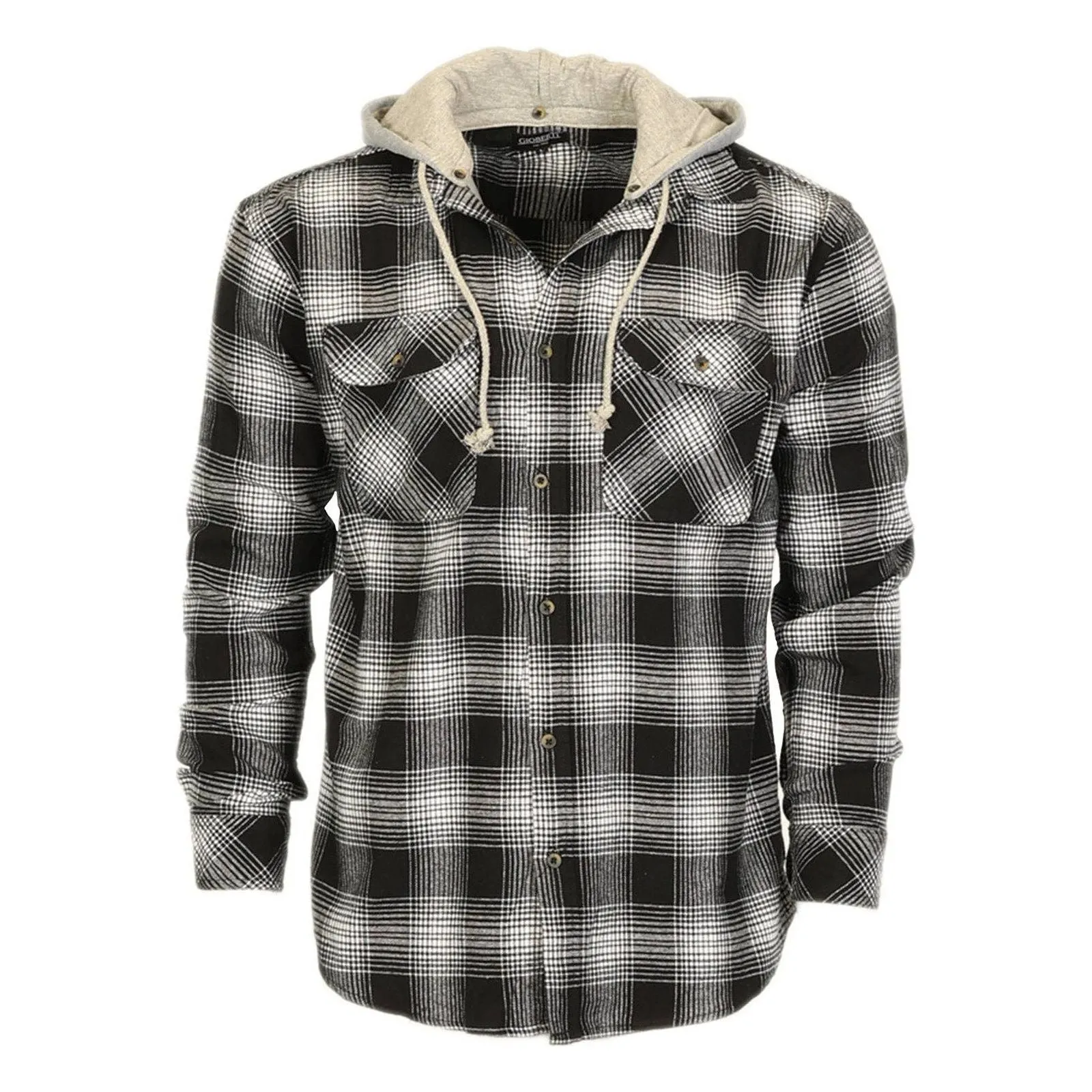 Men's Casual Button Up Flannel Shirt with Removable Hoodi