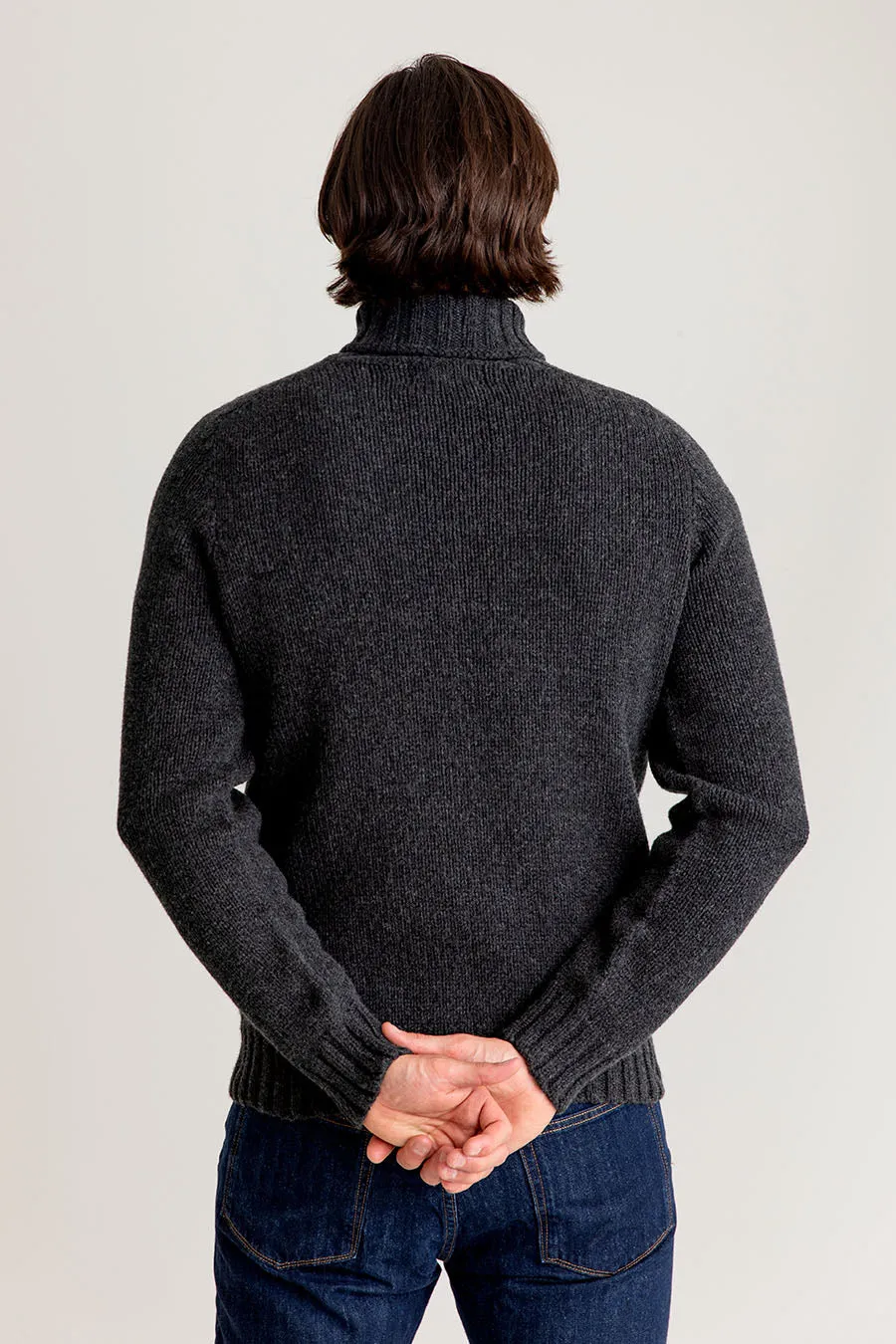 Mens Chunky Geelong Superfine Lambs wool Polo Neck Jumper - Charcoal