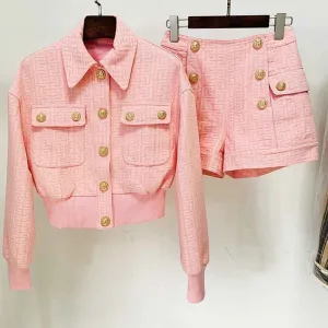 Metal Button Short Blazer & Shorts Suit In Pink