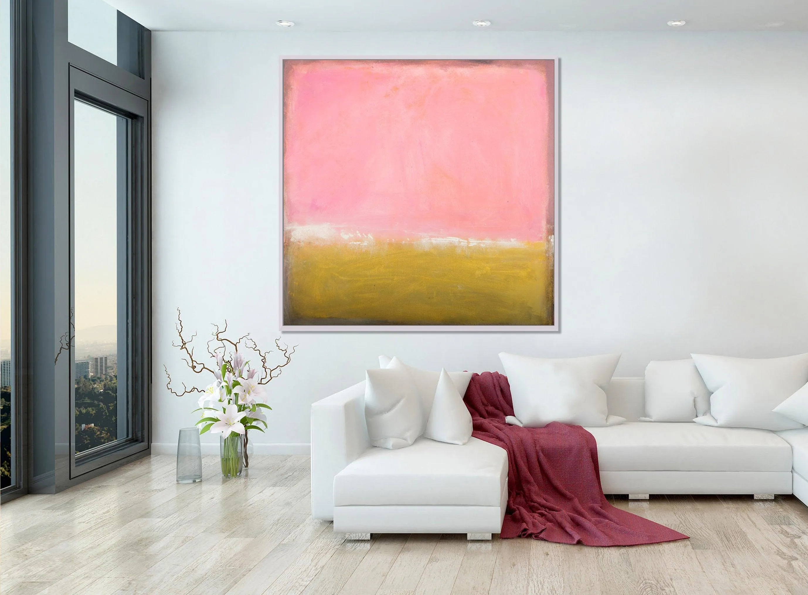 Pink and yellow extra large wall art, Pink minimalist wall art contemporary art by Camilo Mattis