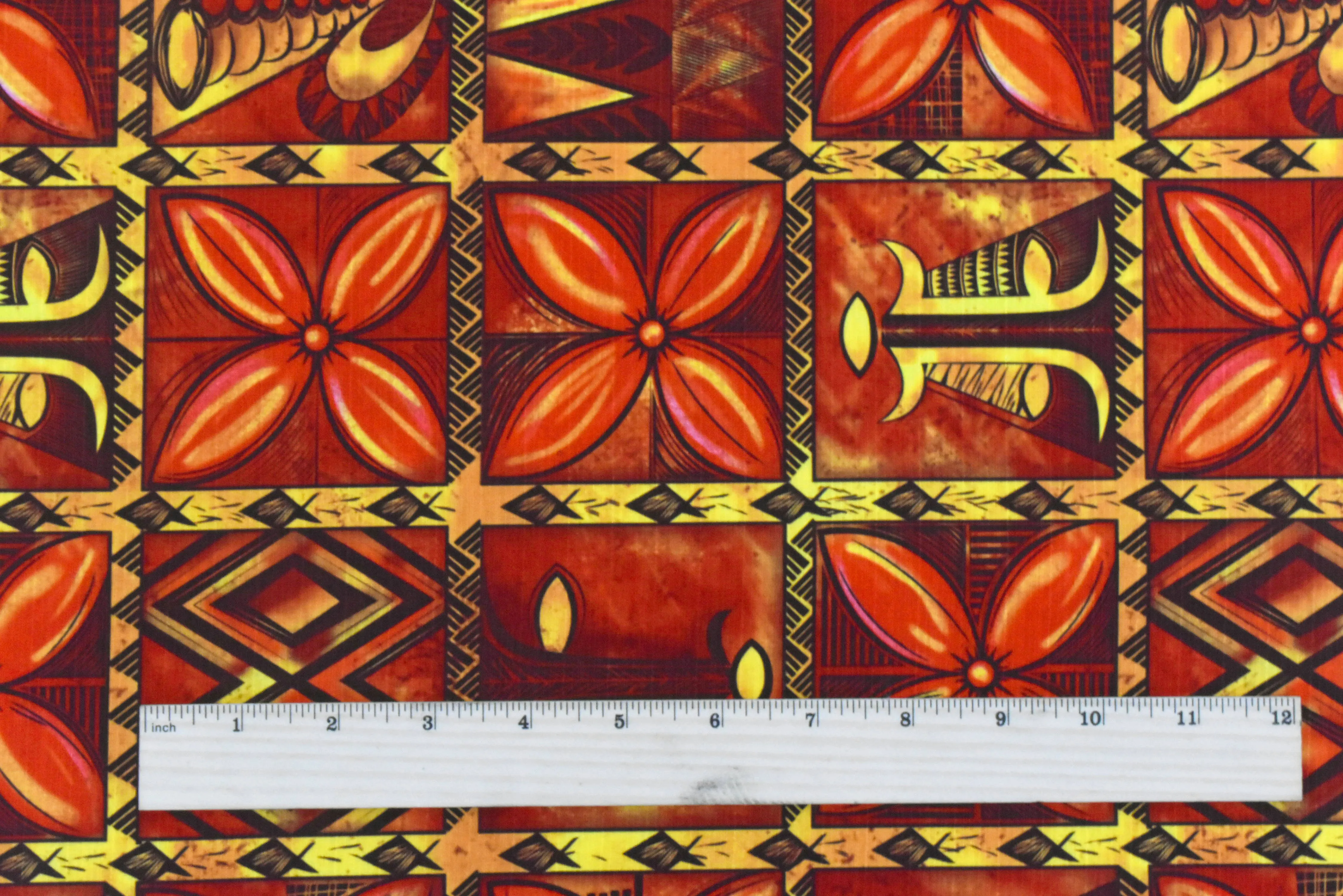 Red-Yellow-Multi Tile Printed Poly Cross-Hatch Shirting Fabric