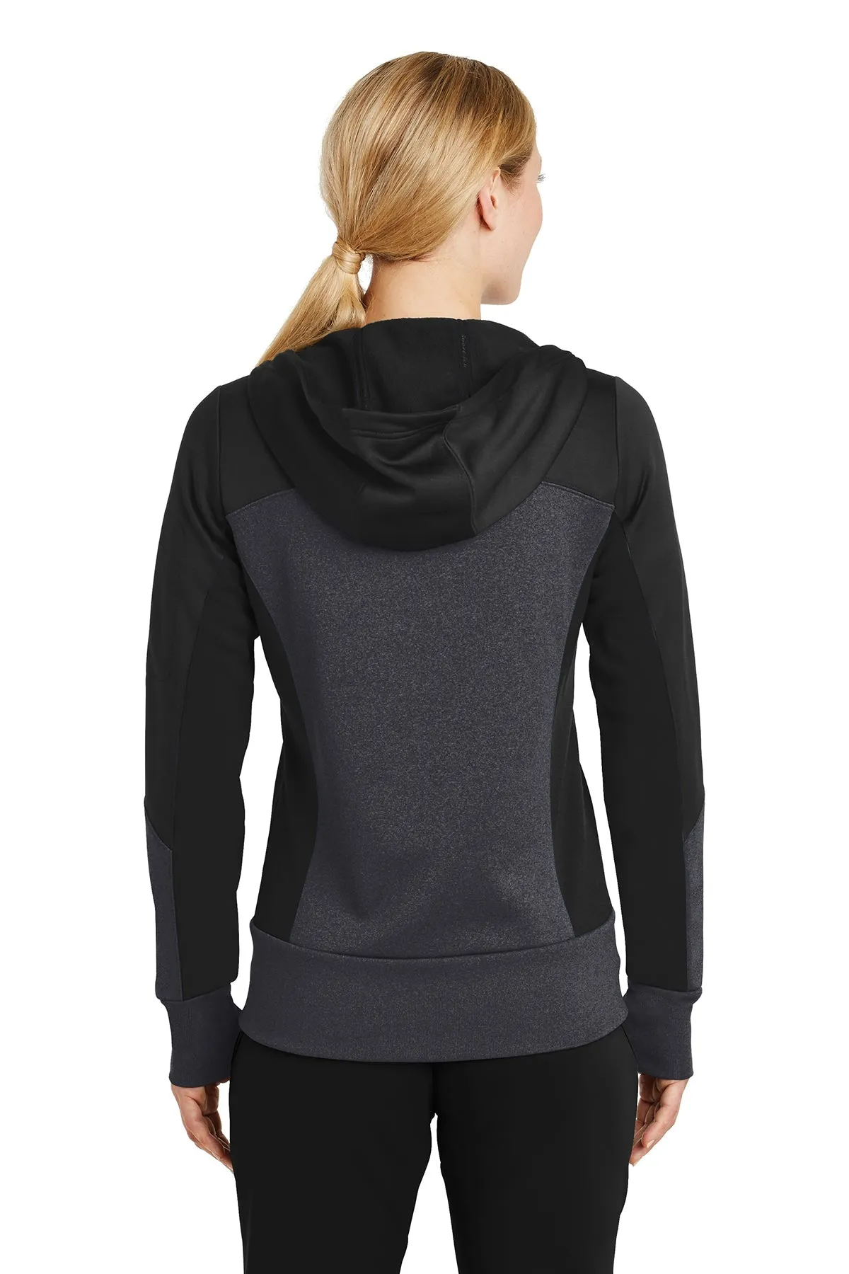 Sport-Tek Ladies Tech Fleece Colorblock Customized Full-Zip Hooded Jackets, Black/ Graphite Heather/ Black