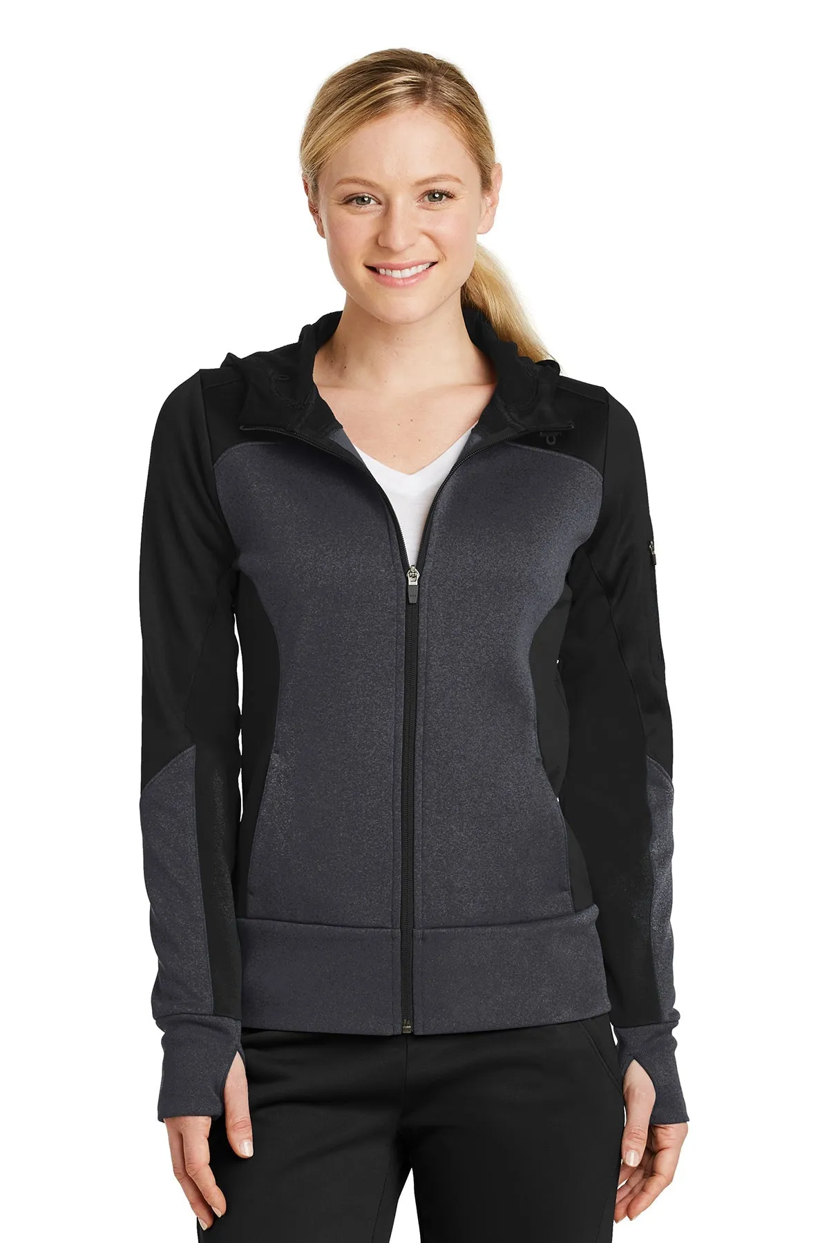 Sport-Tek Ladies Tech Fleece Colorblock Customized Full-Zip Hooded Jackets, Black/ Graphite Heather/ Black