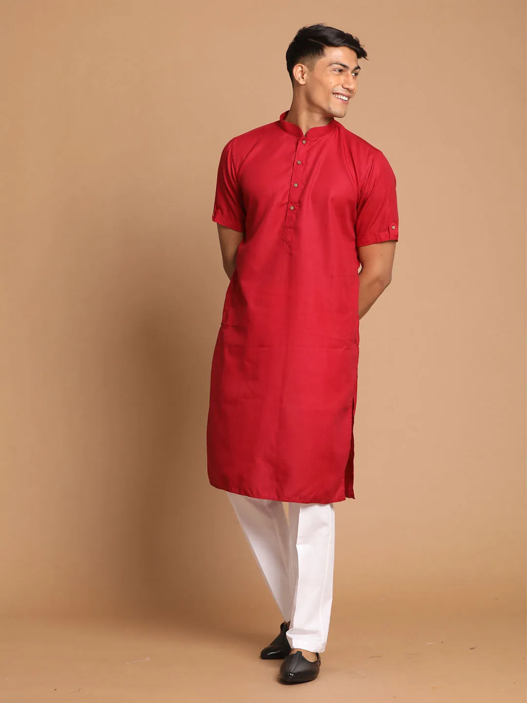 VASTRAMAY Men's Maroon Kurta with White Pyjama