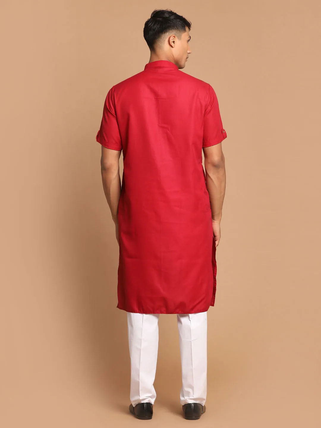 VASTRAMAY Men's Maroon Kurta with White Pyjama