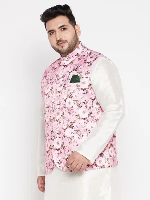 VASTRAMAY Men's Pink Floral Silk Nehru Jacket