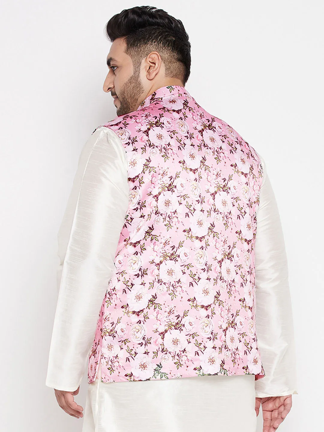 VASTRAMAY Men's Pink Floral Silk Nehru Jacket