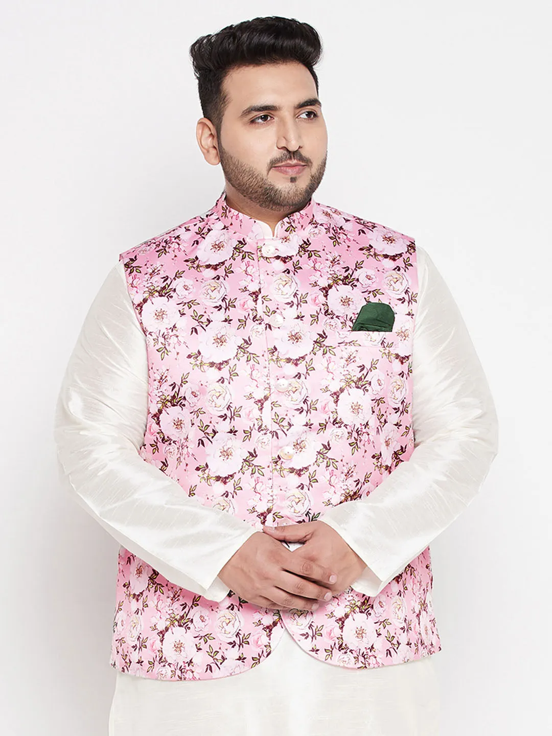 VASTRAMAY Men's Pink Floral Silk Nehru Jacket