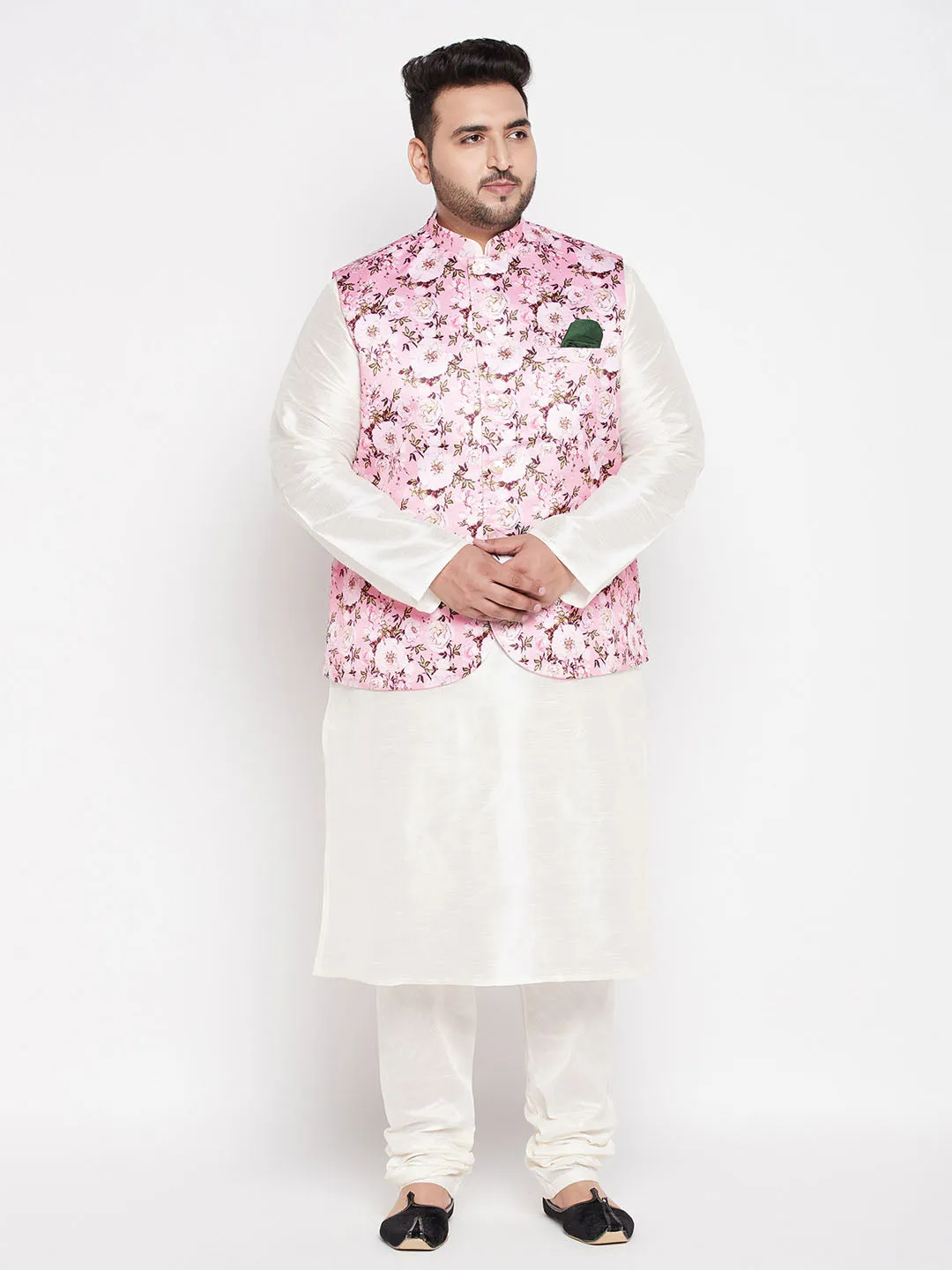 VASTRAMAY Men's Pink Floral Silk Nehru Jacket