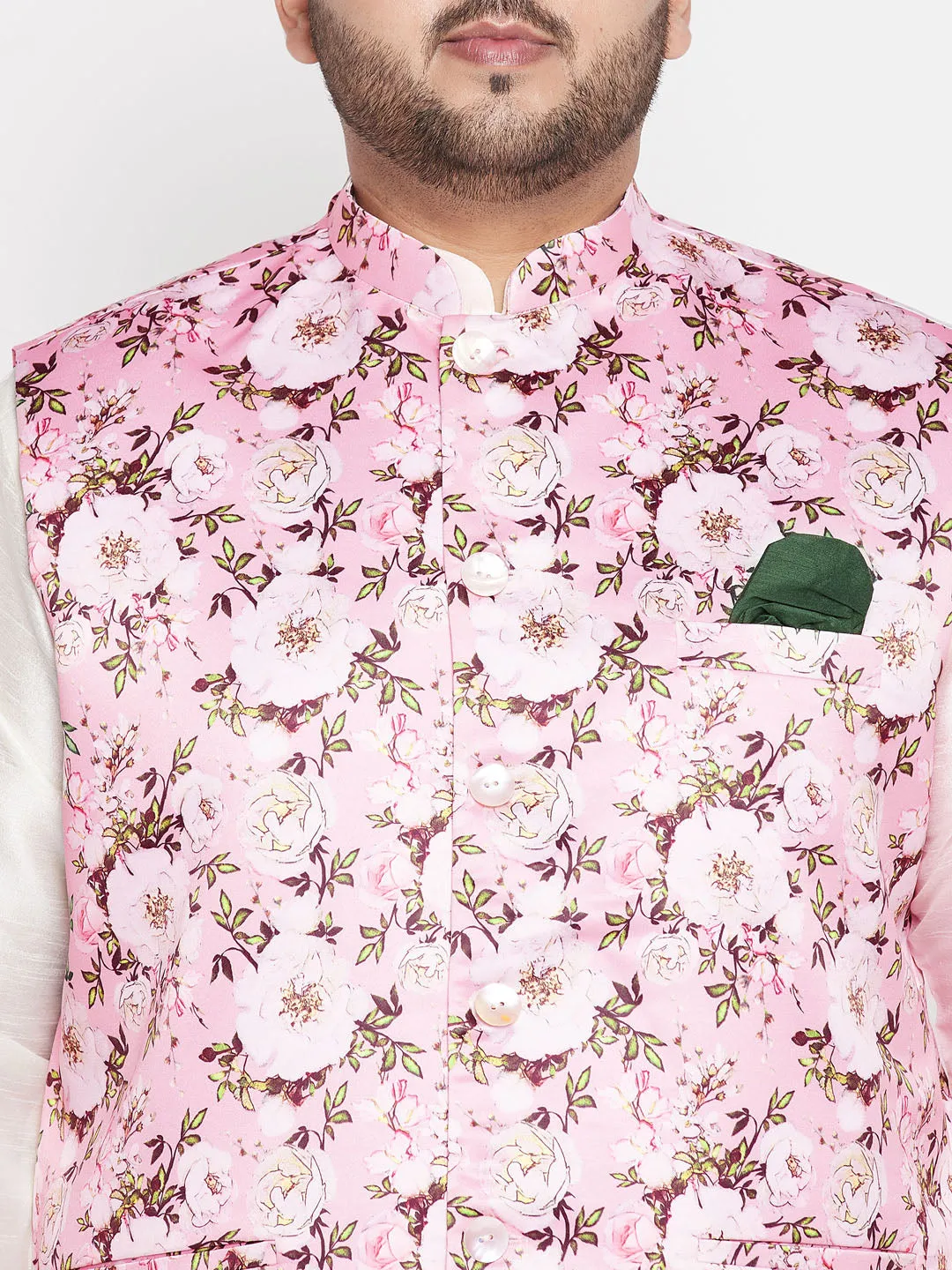 VASTRAMAY Men's Pink Floral Silk Nehru Jacket