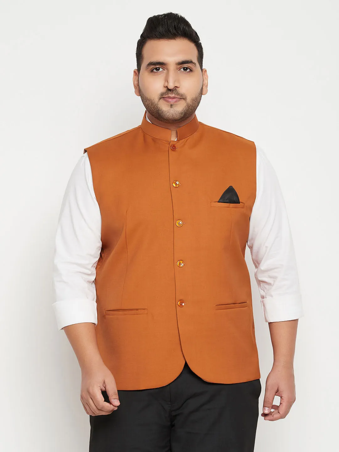 VASTRAMAY Orange Cotton Blend Nehru Jacket