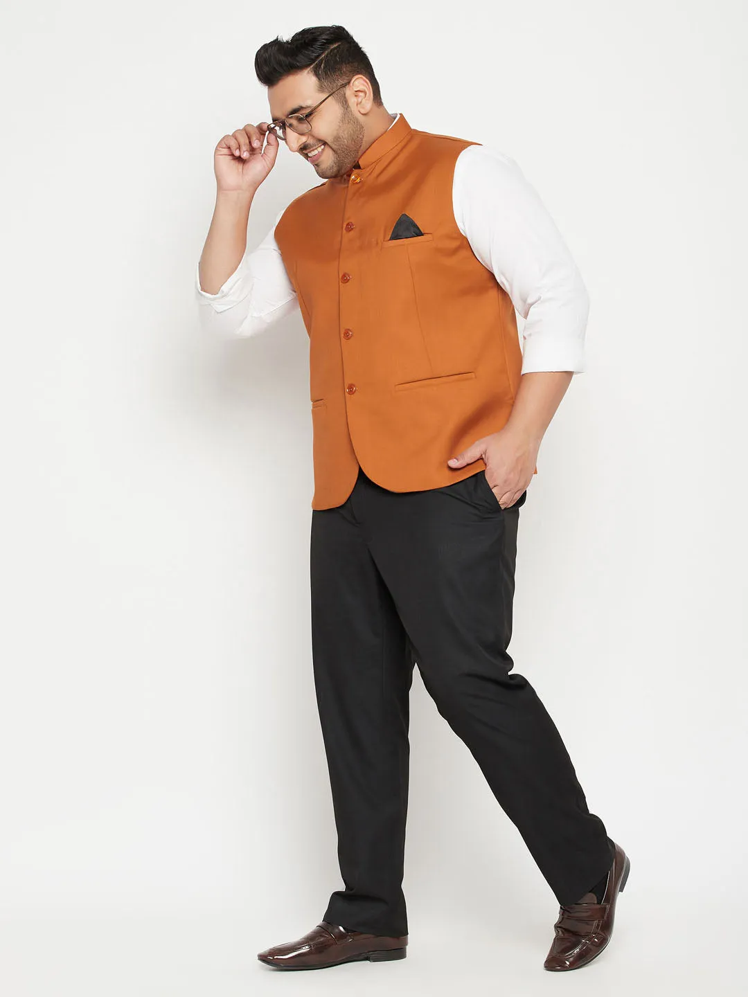 VASTRAMAY Orange Cotton Blend Nehru Jacket