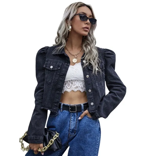 Vintage Puff Long Sleeve Crop Jean Jacket